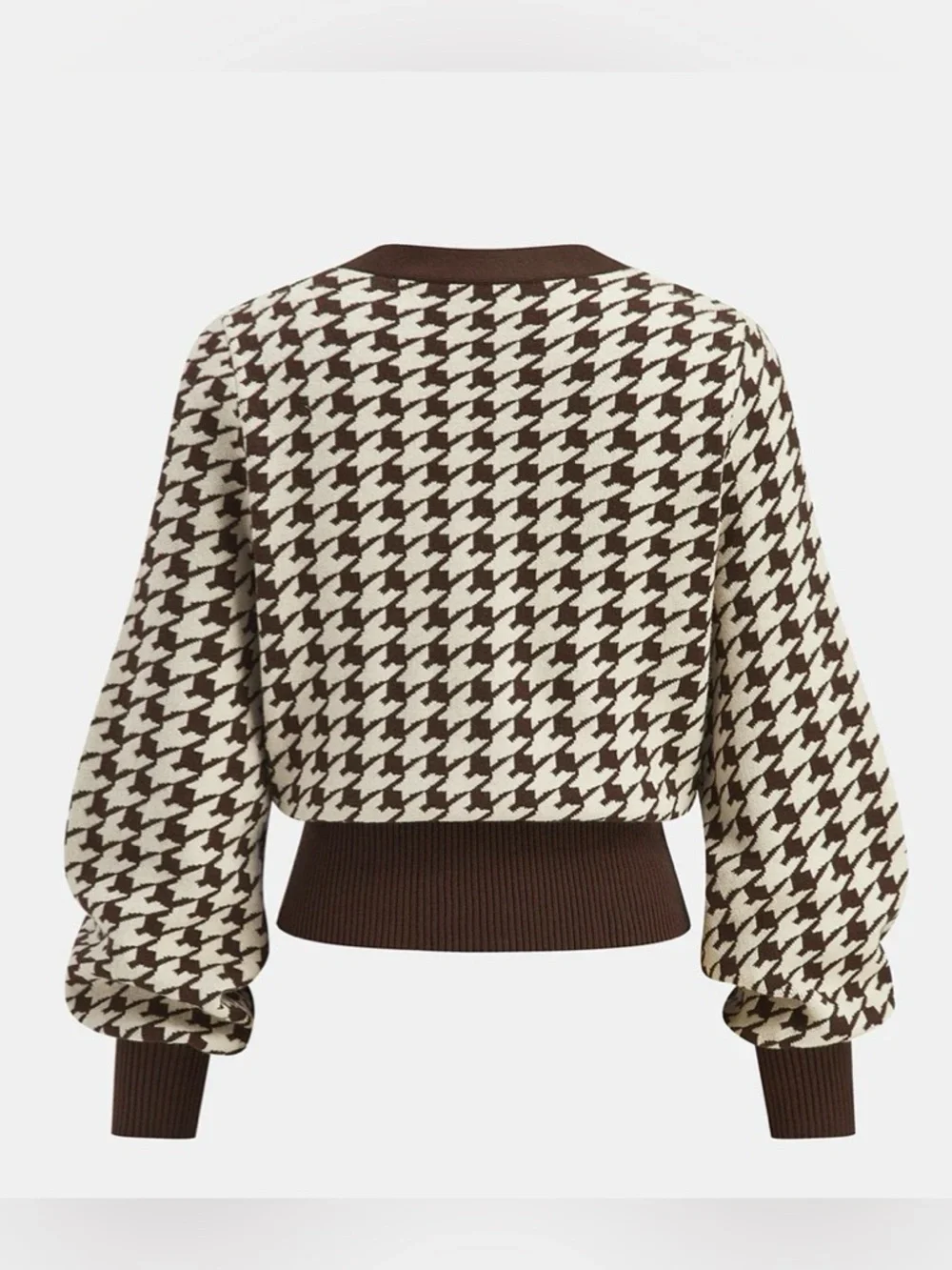 Commense Brown & Cream Houndstooth puff sleeve cropped knit Cardigan - Picture 2 of 9